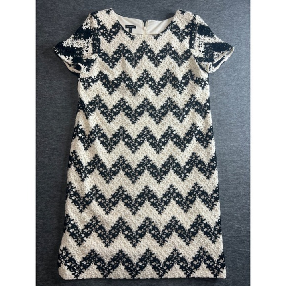 Talbots Shift Dress Womens 8 Ivory Black Lace Overlay Cap Sleeve Lined Zip Back
